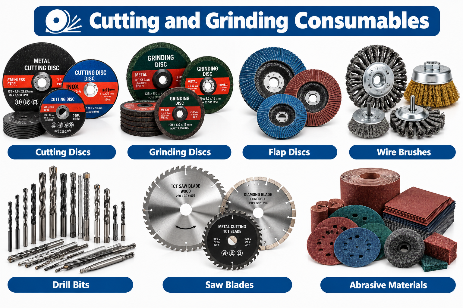 CUTTING DISCS, GRINDING DISCS, FLAP DISCS, WIRE BRUSHES, DRILL BITS, SAW BLADES, AND ABRASIVE MATERIALS
