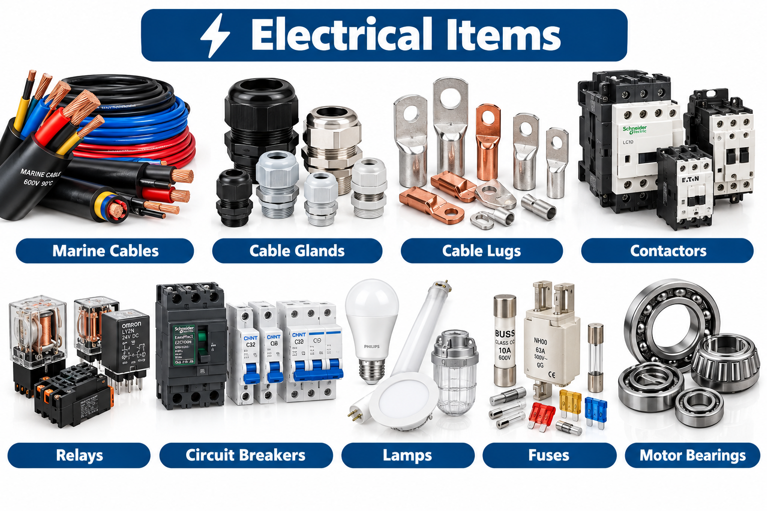 MARINE CABLES, CABLE GLANDS, CABLE LUGS, CONTACTORS, RELAYS, CIRCUIT BREAKERS, LAMPS, FUSES, AND MOTOR BEARINGS