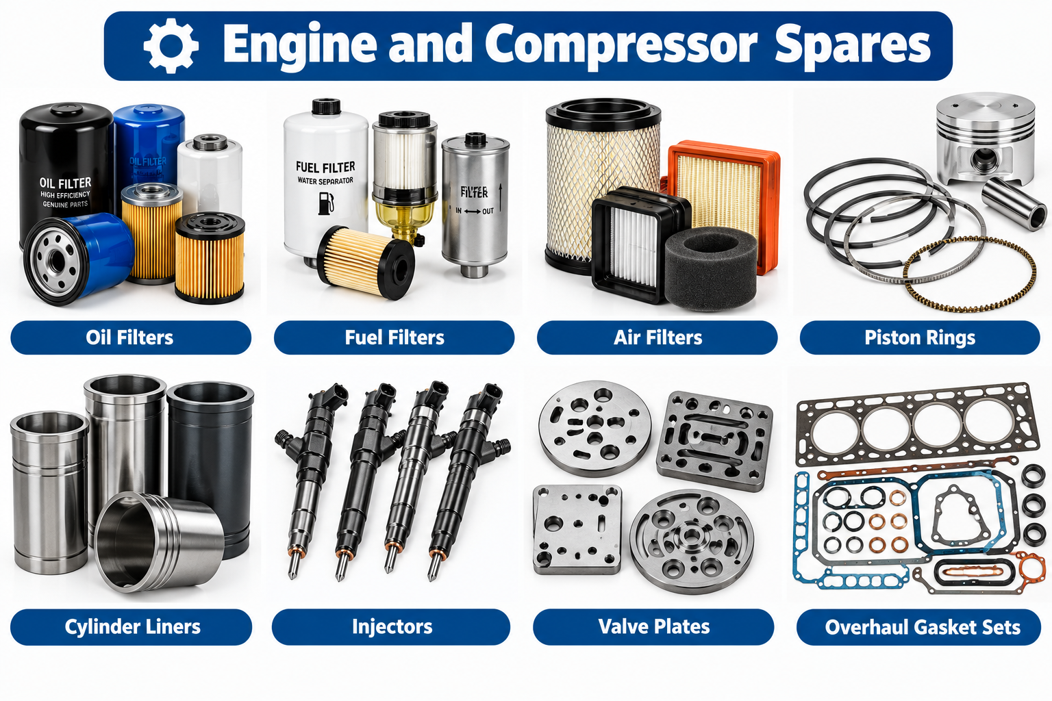 OIL FILTERS, FUEL FILTERS, AIR FILTERS, PISTON RINGS, CYLINDER LINERS, INJECTORS, VALVE PLATES, AND OVERHAUL GASKET SETS