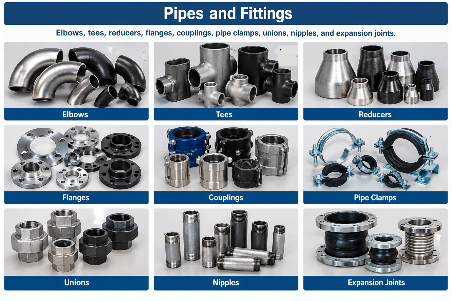 ELBOWS, TEES, REDUCERS, FLANGES, COUPLINGS, PIPE CLAMPS, UNIONS, NIPPLES, AND EXPANSION JOINTS