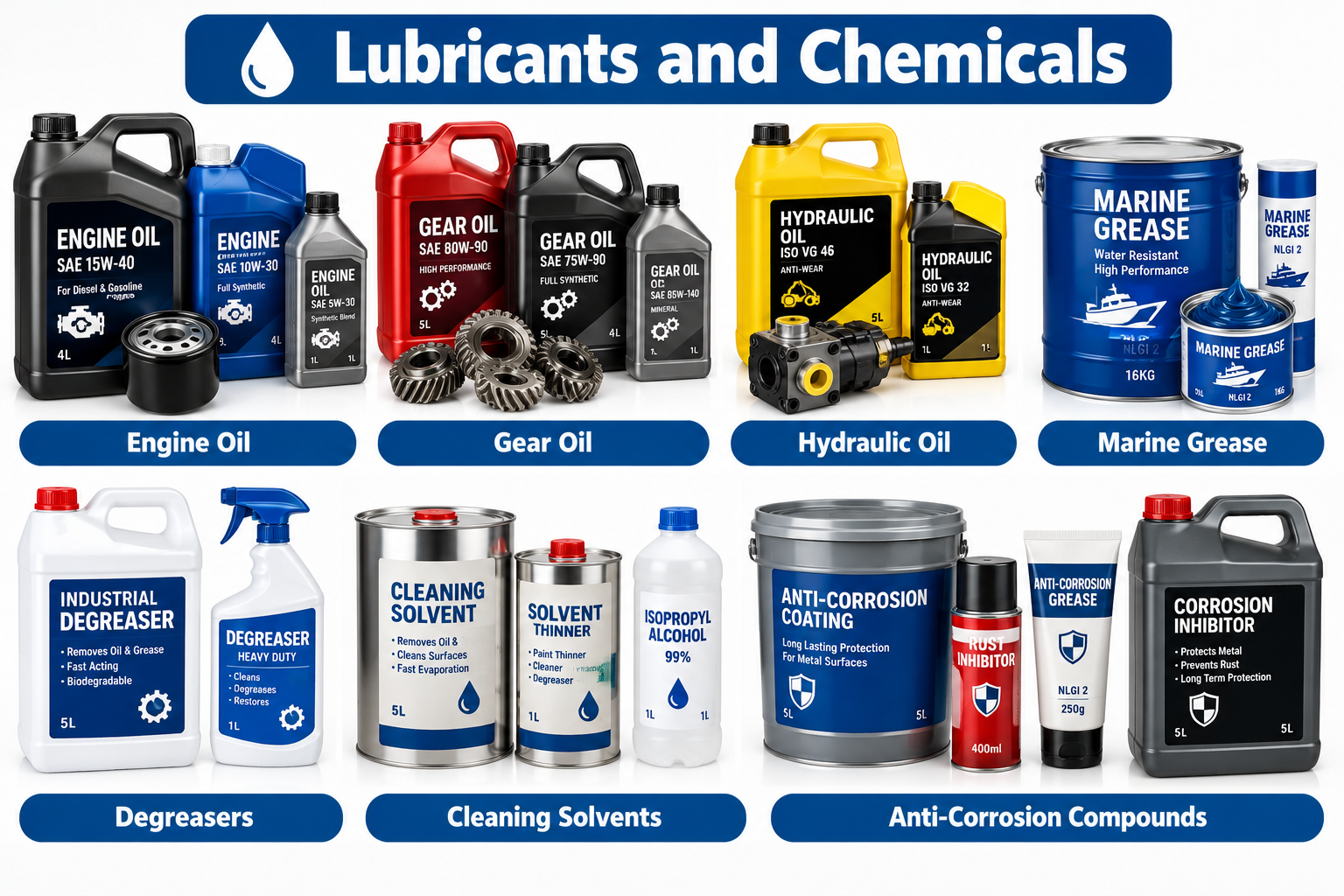 ENGINE OIL, GEAR OIL, HYDRAULIC OIL, MARINE GREASE, DEGREASERS, CLEANING SOLVENTS, AND ANTI-CORROSION COMPOUNDS