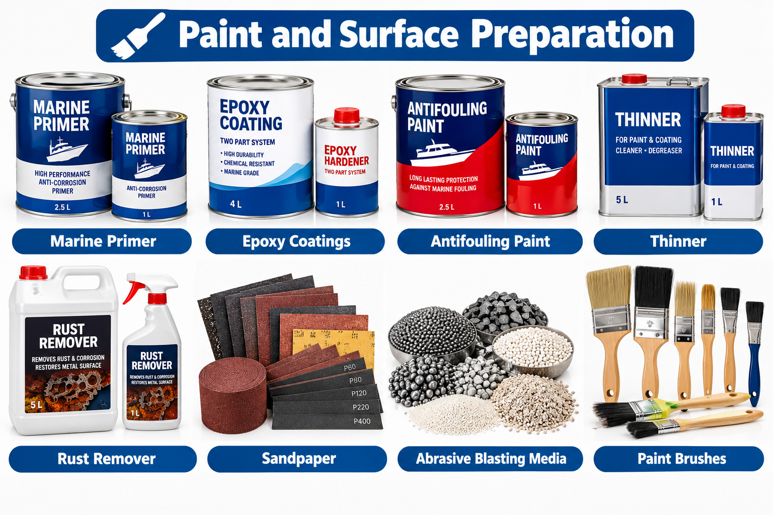 MARINE PRIMER, EPOXY COATINGS, ANTIFOULING PAINT, THINNER, RUST REMOVER, SANDPAPER, ABRASIVE BLASTING MEDIA, AND PAINT BRUSHES
