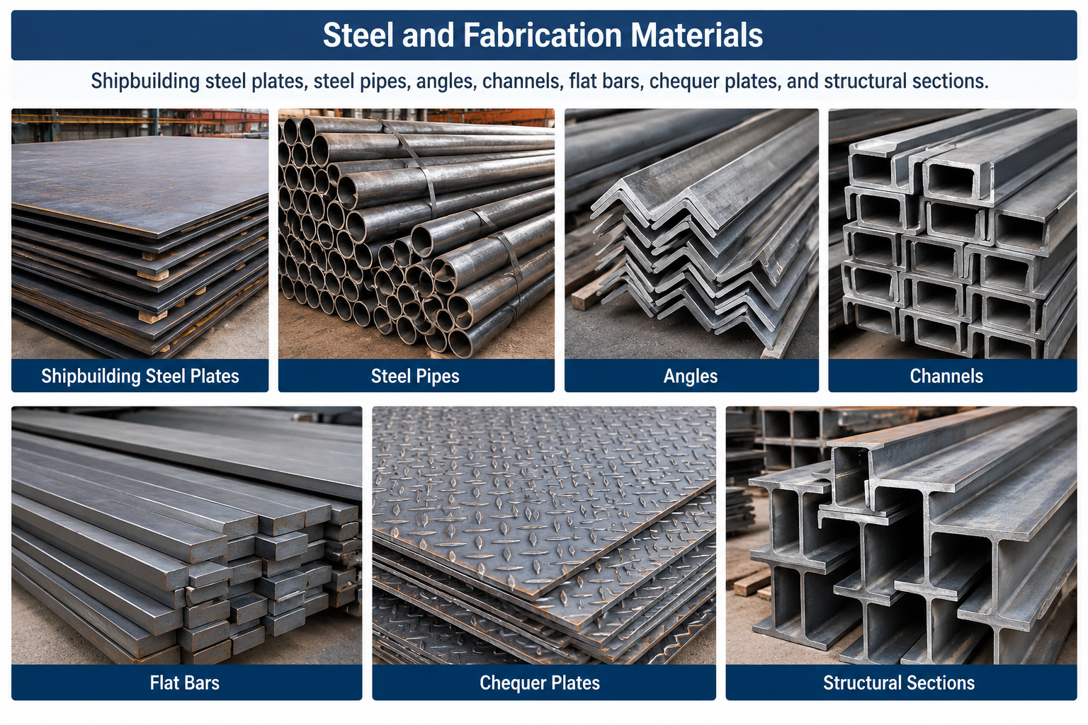 SHIPBUILDING STEEL PLATES, STEEL PIPES, ANGLES, CHANNELS, FLAT BARS, CHEQUER PLATES, AND STRUCTURAL SECTIONS