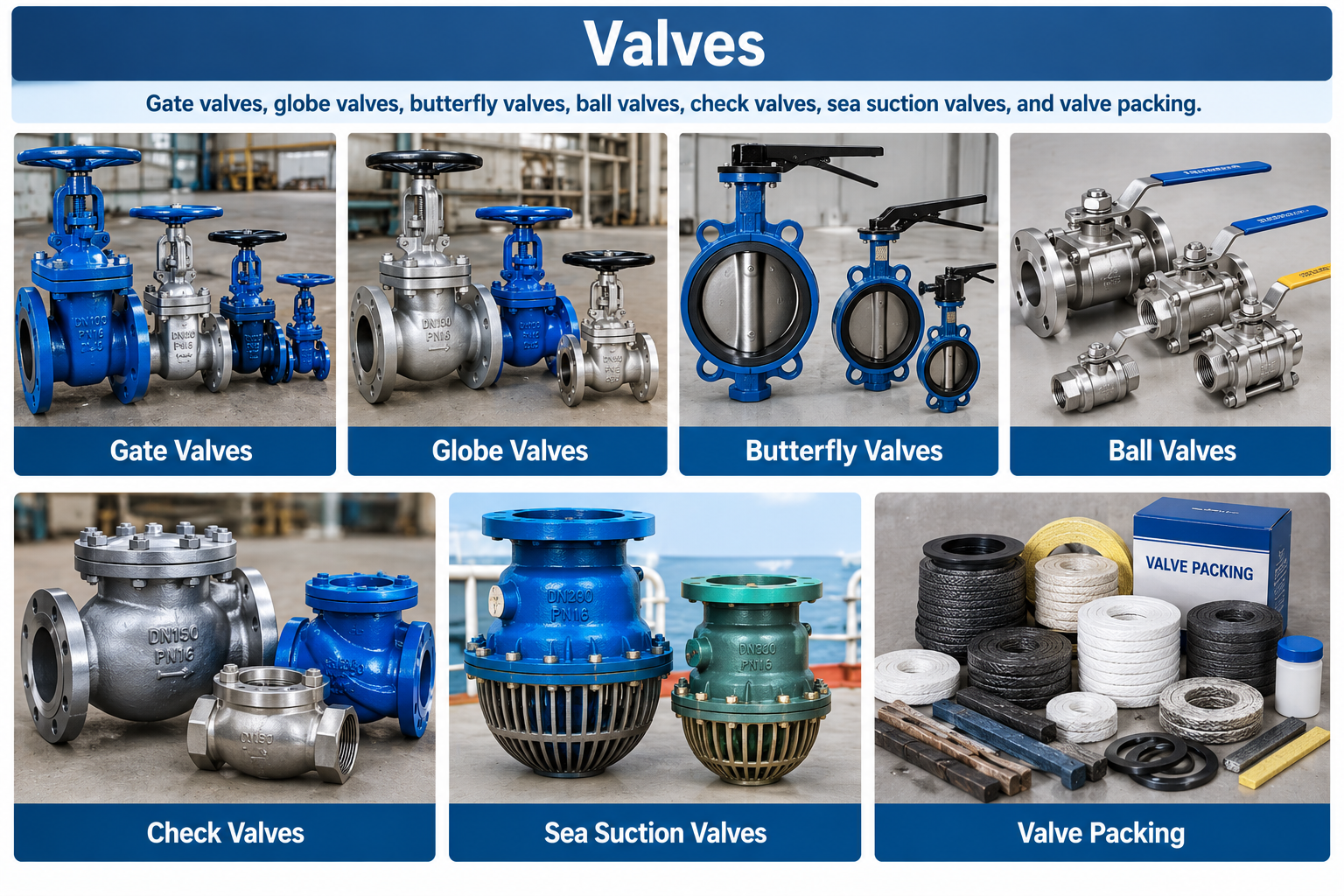 Gate valves, globe valves, butterfly valves, ball valves, check valves, sea suction valves, and valve packing