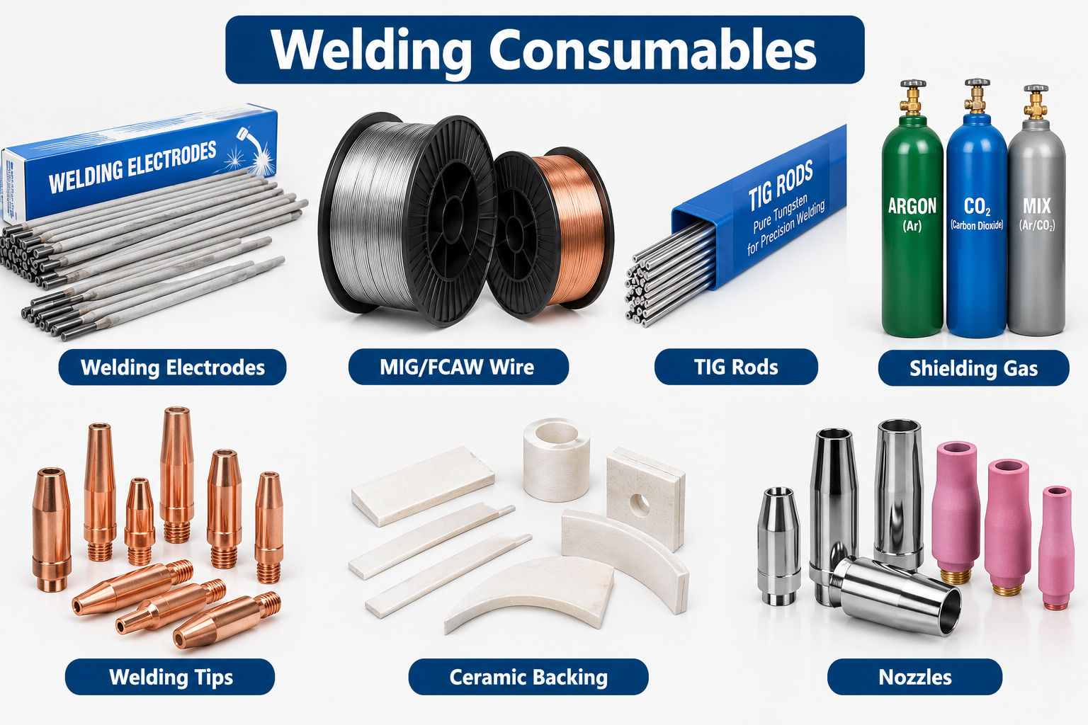 WELDING ELECTRODES, MIG/FCAW WIRE, TIG RODS, SHIELDING GAS, WELDING TIPS, CERAMIC BACKING, AND NOZZLES